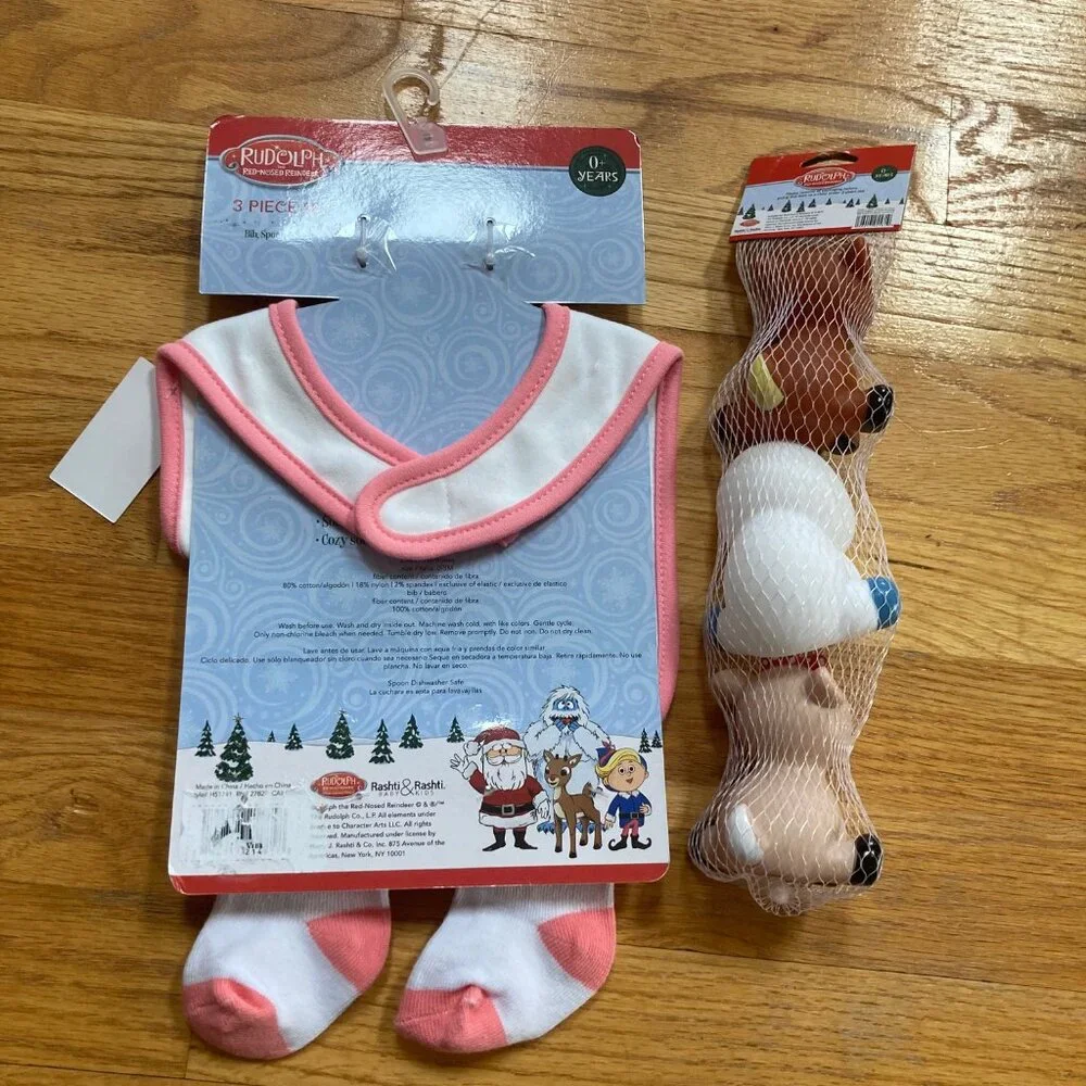 Rudolph Pink Trim 'My Very First Christmas' Baby Bib & Sock Set
